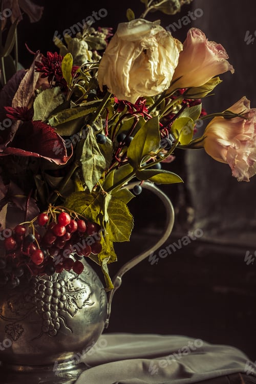 Preview: Elegant Flowers and Berries in Silver Pitcher