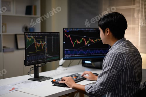 Preview: Selling ether, bitcoin. Work on monitor computer a man trading