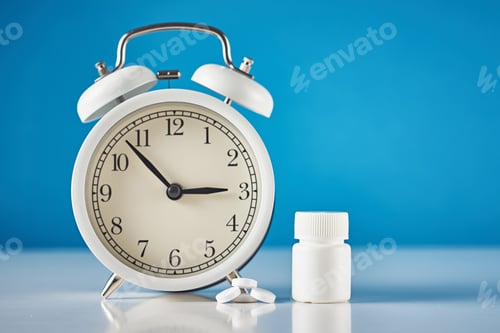 Preview: Insomnia problem concept. Alarm clock and pills on a blue background