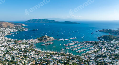 Preview: Aerial view of Bodrum on Turkish Riviera. View on Saint Peter Castle Bodrum castle and marina