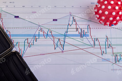 Preview: Economic charts with coronavirus ball and wallet.