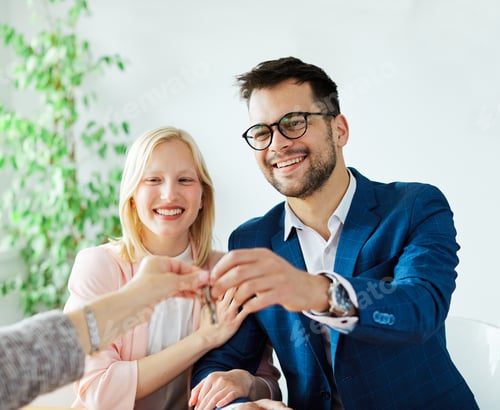 Preview: young couple new house keys buy real estate home agent agreement investment apartment