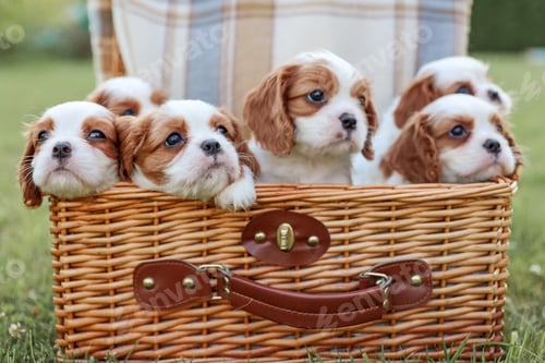 Preview: Puppies King Charles Spaniels in a basket against the backdrop of nature in the hot summer