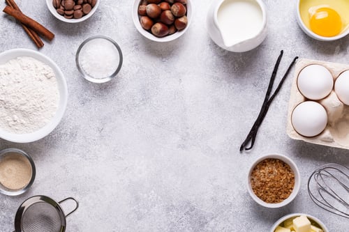 Preview: Ingredients for baking - flour, milk, salt, sugar, eggs.