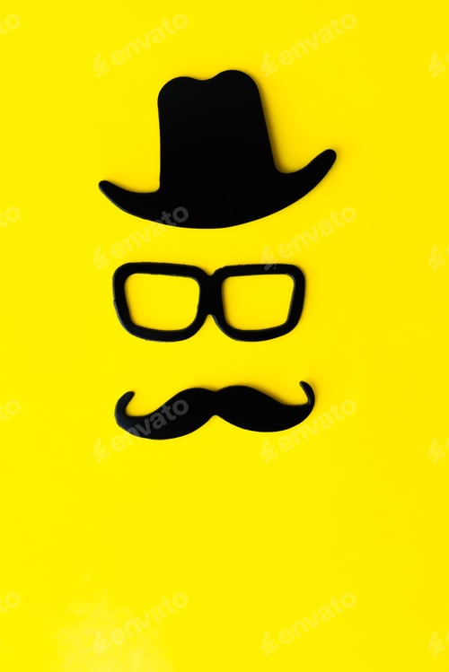 Preview: Happy fathers day sticker, hat, glasses, black mustache on a yellow background.