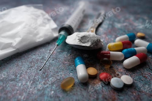 Preview: An assortment of various drugs and medical supplies displayed on a table surface
