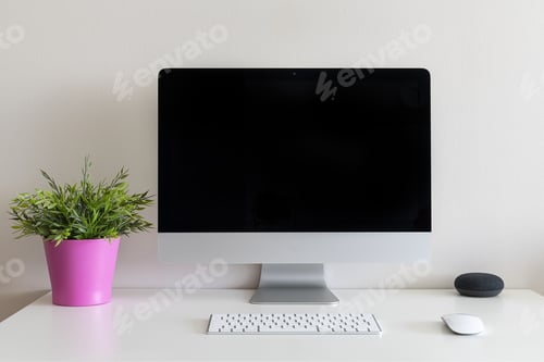 Preview: Work desk with a computer and a houseplant with a pink pot against a white wall