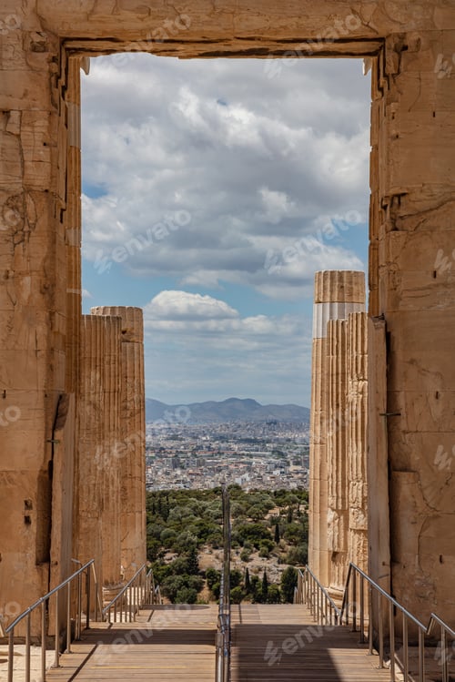 Preview: Athens, Greece. Propylaea in the Acropolis, monumental gate, spring sunny day.