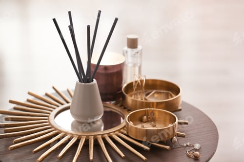 Preview: Composition with stylish accessories and interior elements on table indoors