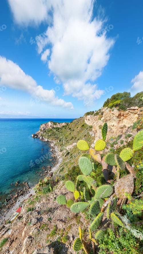 Preview: Stunning spring view on the the cape Milazzo panorama of nature reserve Piscina di Venere.