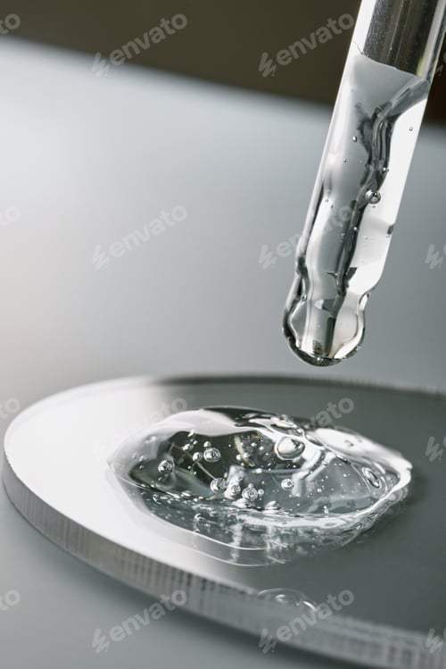 Preview: Pipette with sample of gels cosmetic product in petri dish on grey background, hard shadows