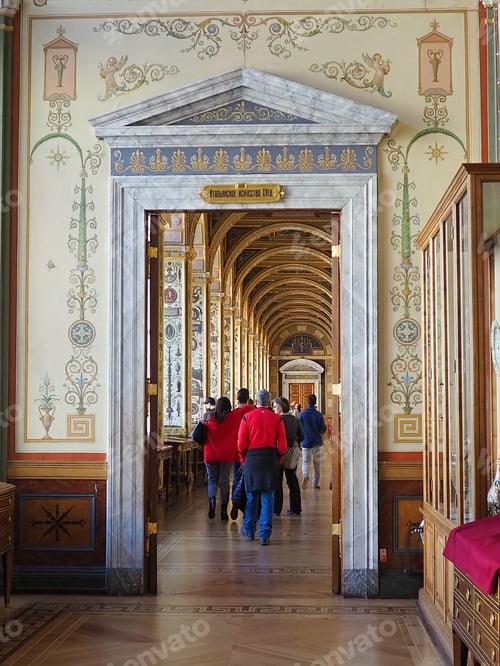 The group of tourists at Museum gallery, Hermitage museum, Saint Petersburg, Russia