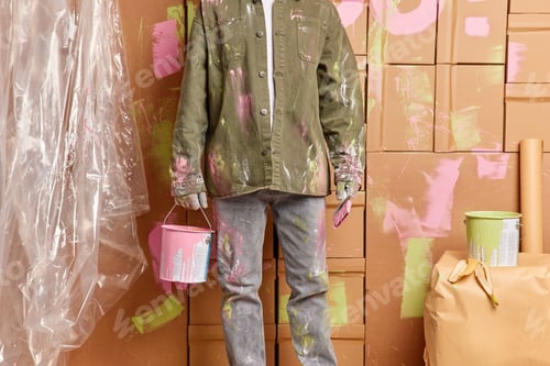 Preview: Cropped image of man painter holds bucket of pink paint and brush does quick repair of house finishe