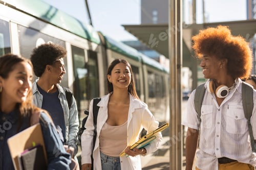 Preview: Smiling diverse friends going to college