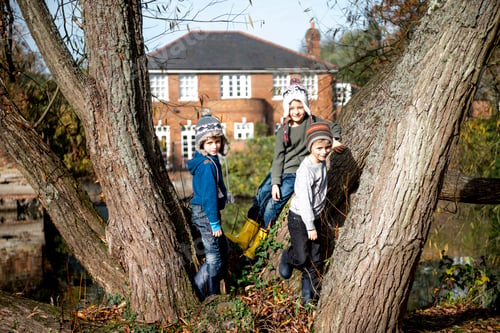 Preview: Portrait of three young boys, leaning against tree