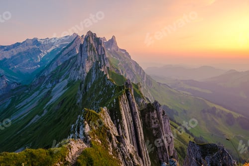 Preview: Schaeffler mountain ridge swiss Alpstein, Appenzell Switzerland, a ridge of the majestic Schaeffler