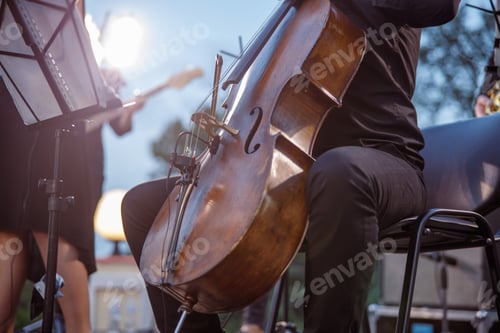 Preview: Male violoncellist playing cello in orchestra on the street