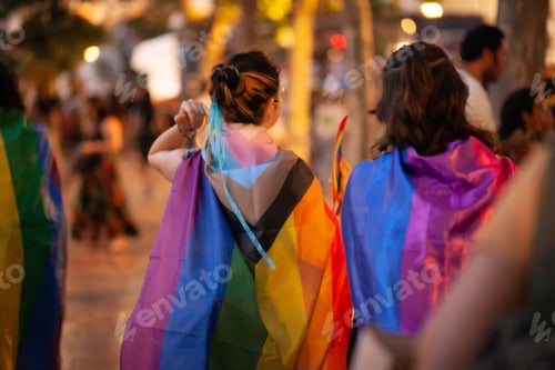 Preview: Young women from behind in rainbow flags at Pride party festival walking at night in the street