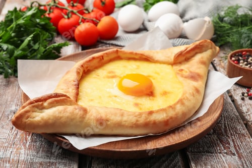 Preview: Tasty khachapuri with cheese, egg and other products on wooden table, closeup