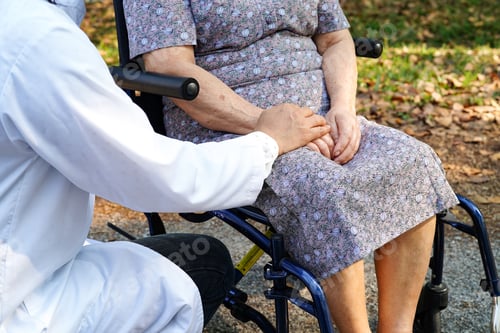 Preview: Caregiver help and care Asian senior woman patient sitting on wheelchair at nursing hospital ward, h