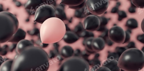 Preview: Pink balloons with one white flying in the air. Greeting card.
