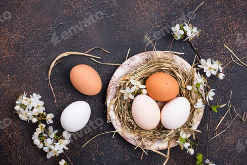 Preview: Easter composition with eggs and blooming branch