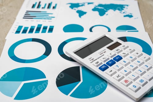 Preview: Financial paper with charts and diagrams on gray table