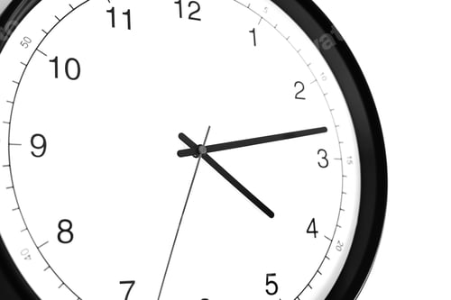 Preview: Part of analogue plain wall clock on white wall background. Four o'clock twelve minutes. Close up