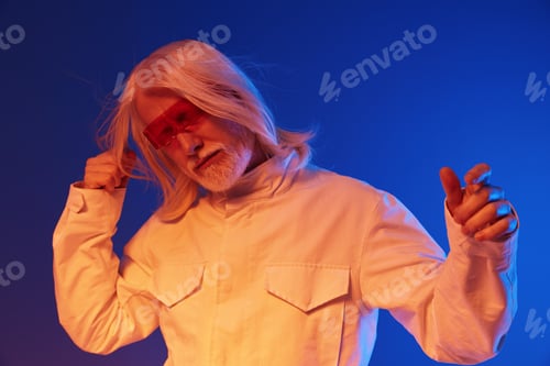 Preview: Futuristic portrait of an elderly man with long white hair in a modern outfit, wearing red glasses