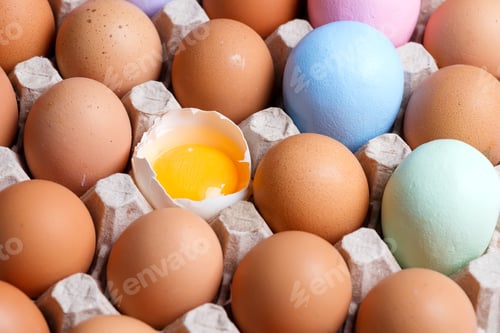 Preview: Paper craft tray with natural organic eggs and handmade painted with one yolk in a shall. Natural