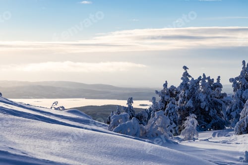 Preview: above view of snowy hill slope and Kandalaksha bay