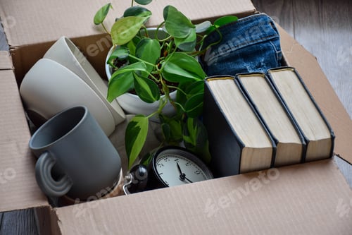 Preview: Cardboard box packed with personal belongings for moving