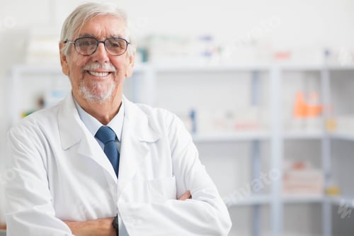 Preview: Senior male doctor standing arms crossed in clinic wearing lab coat and eyeglasses, copy space