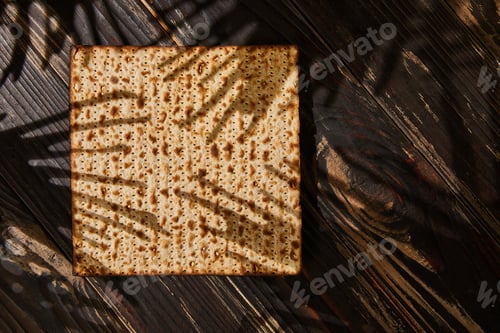 Preview: Passover celebration concept - Jewish holiday Passover. Stack of matzo on a wooden background with