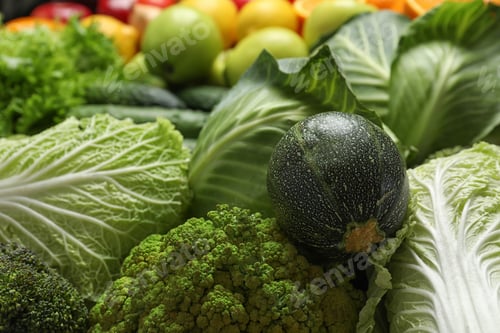Preview: Colorful ripe fruits and vegetables as background, closeup