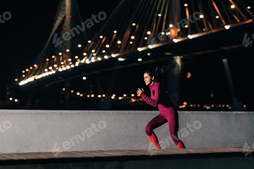 Preview: Side view of a woman jogging outdoors at embankment