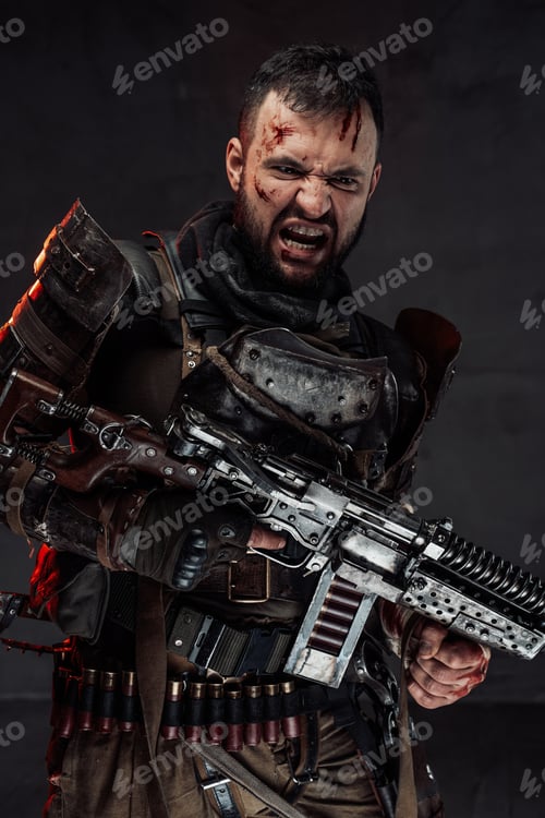Preview: Apocalyptic and screaming fighter in dark armour holding shotgun