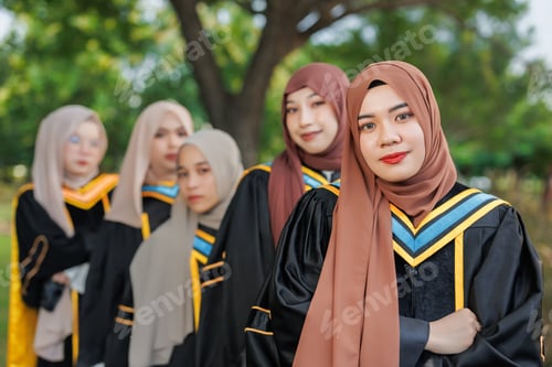 Preview: Group of Asian Muslim women Happy congratulation university outdoors