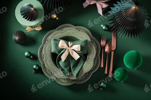 Preview: Elegant dark green Christmas tableware with bubbles and gifts.