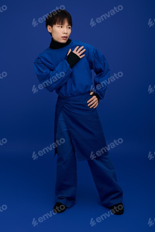 Preview: Young handsome man poses creatively against a solid blue background in stylish blue clothing