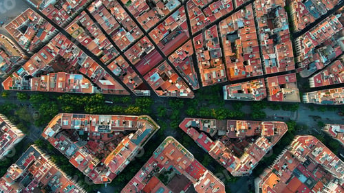 Preview: Aerial view of Barcelona Eixample residential district and old town narrow streets, gothic quarter