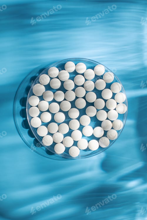 Preview: White round pills on a blue background background. Pills, minerals and vitamins.