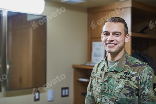 Preview: Shot of a young soldier standing in the dorms of a military academy