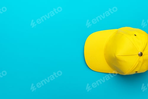 Preview: Top View of Yellow Baseball Cap Over Blue Turquoise Background with Copy Space