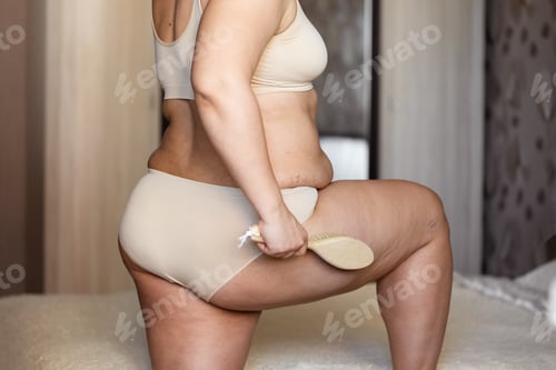 Preview: Unrecognizable thick body woman massage cellulite thighs wooden brush Skin problems, weight loss