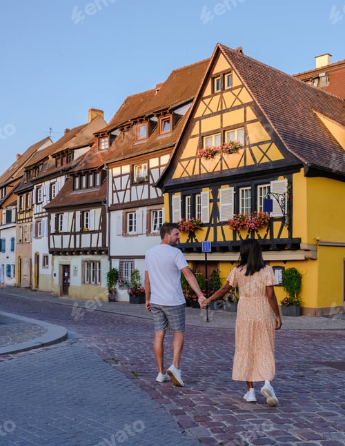 Preview: A couple of men and women at the Beautiful colorful romantic city Colmar, France, Alsace