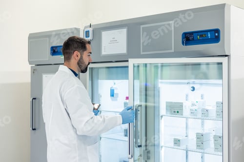 Preview: Scientist opening laboratory refrigerator containing medicines