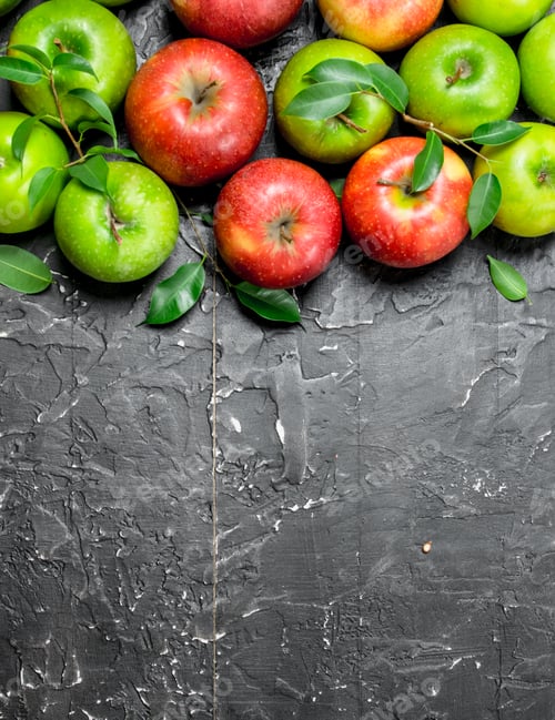 Preview: Whole green and red apples with leaves.