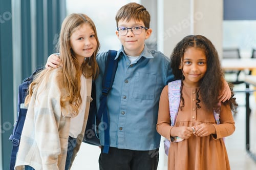 Preview: Portrait of kids standing in elementary school hallway