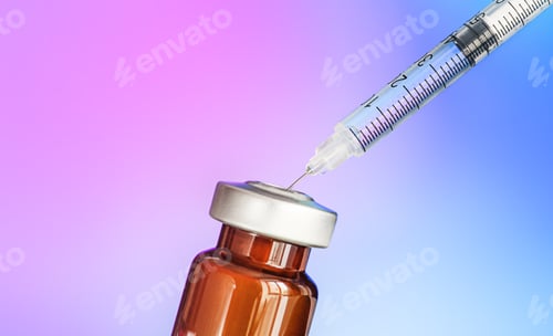Preview: COVID-19 vaccine and syringe over colorful background.